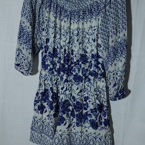 By Anthropologie M Blue Floral Off Shoulder Shorts Romper Cottagecore